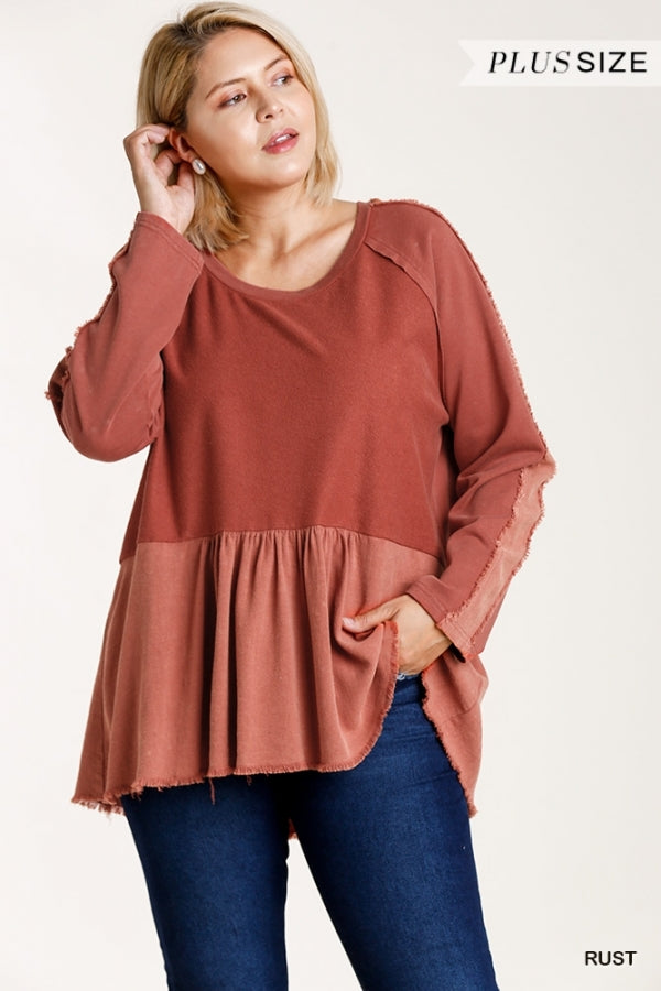 Umgee Mineral Washed French Terry Long Sleeve Raw and Frayed Edged Detail Babydoll Top with Frayed Hem