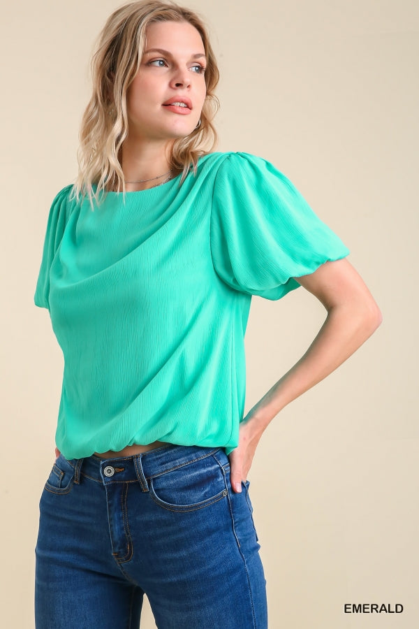 Umgee Pleated Bubble Sleeve and Hem Top with Back Button Keyhole