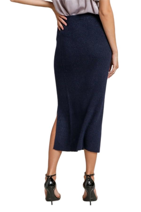 Umgee USA Rib Knit Lurex Sweater Midi Skirt with Front Slit