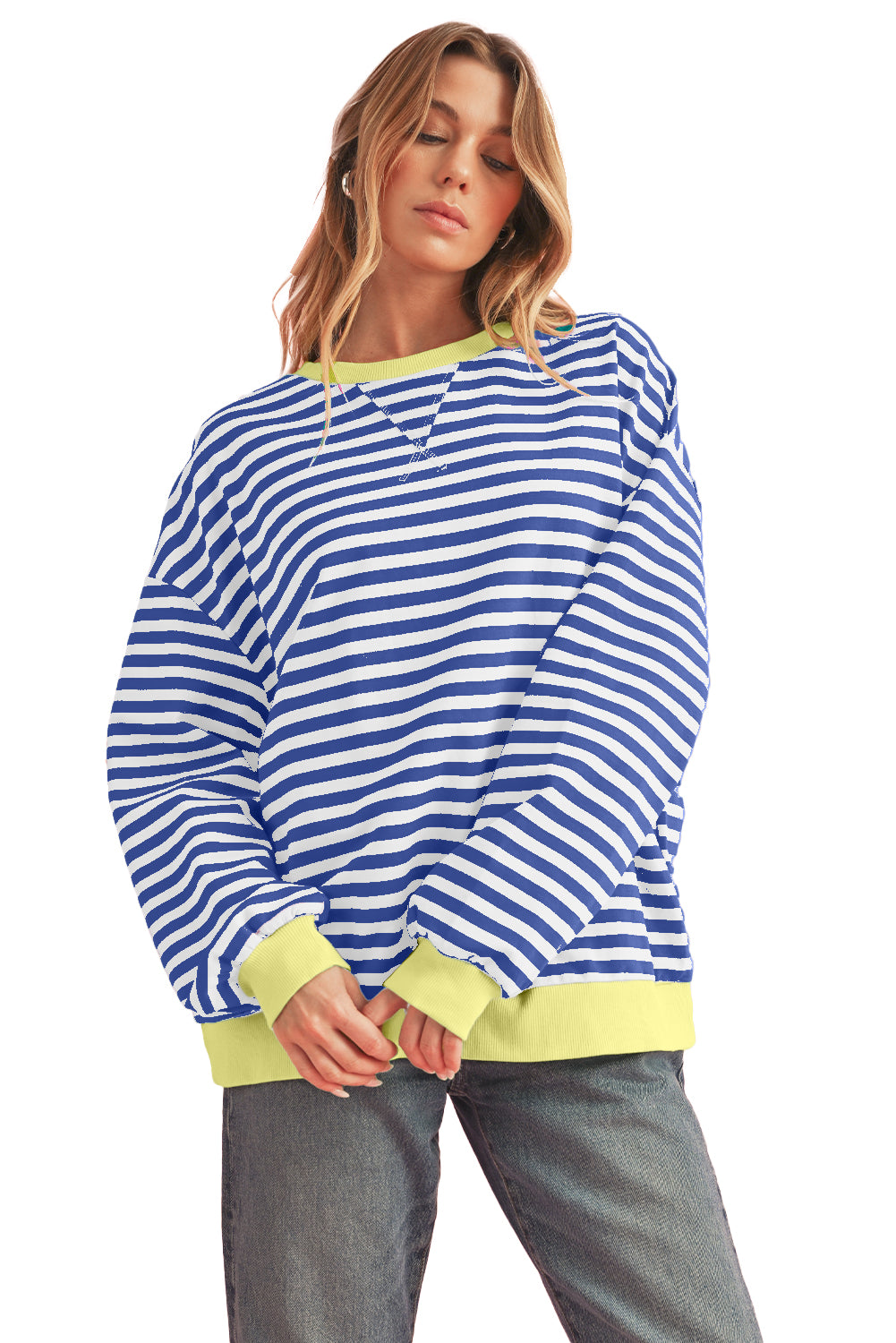 Sky Blue Stripe Contrast Edge Oversized Pullover