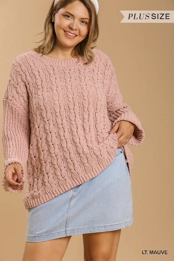 Umgee Cuffed Long Sleeve Chenille Cable Knit Pullover Sweater