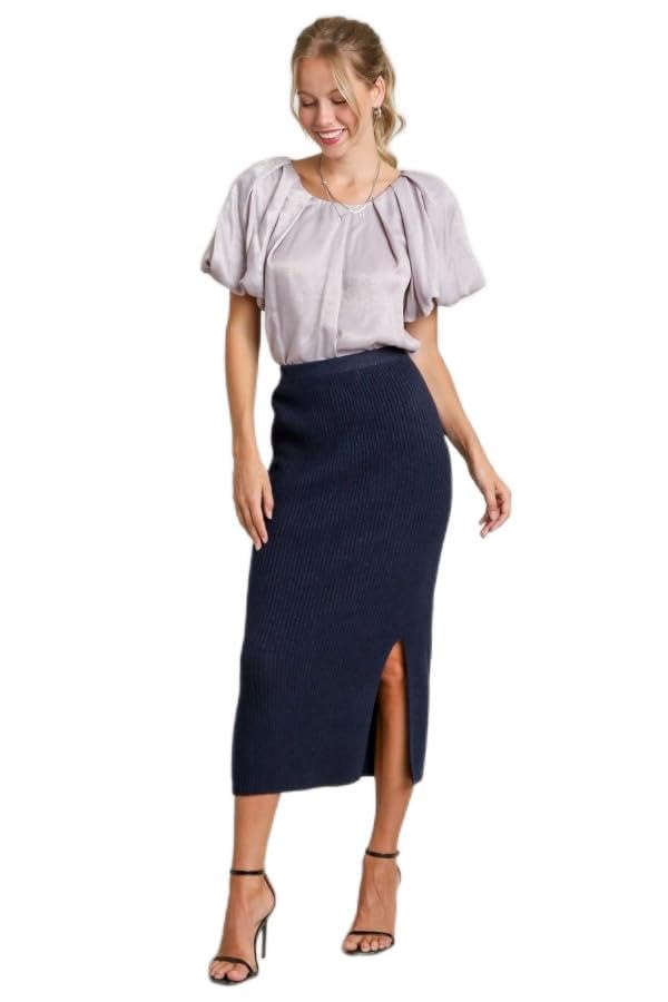 Umgee USA Rib Knit Lurex Sweater Midi Skirt with Front Slit