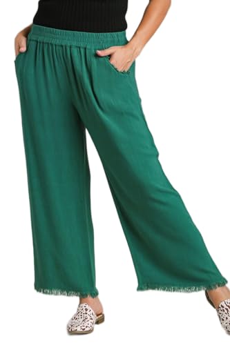 Umgee Wide Leg Pant with Elastic Waist, Pockets, and Frayed Hem