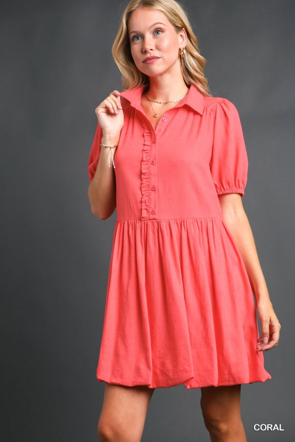 Umgee Bubble Hem Linen Collared Dress with Short Cuffed Sleeve