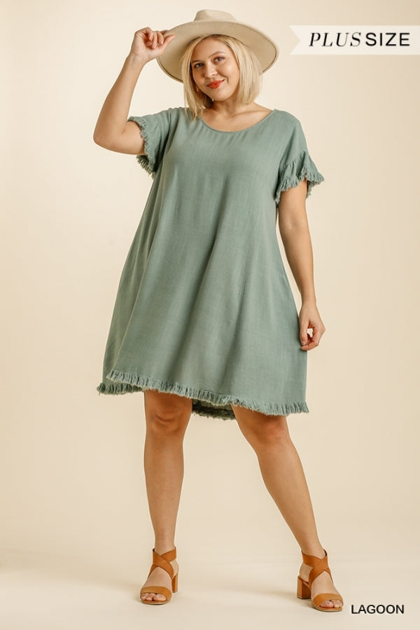 Umgee Linen Blend Short Ruffle Sleeve Round Neck Dress with Ruffle Hem