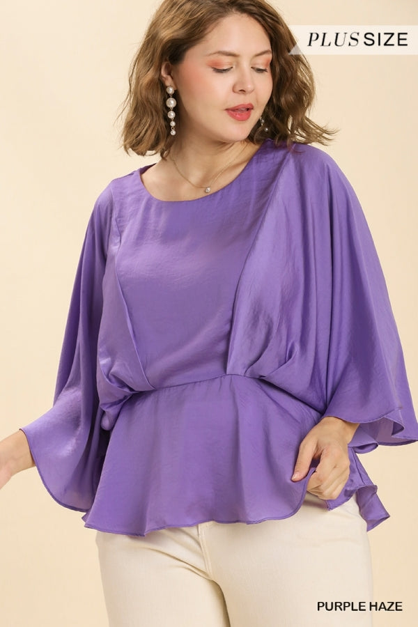 Umgee Washed Satin Pleated Round Neck Kimono Sleeve Top with Peplum Hem