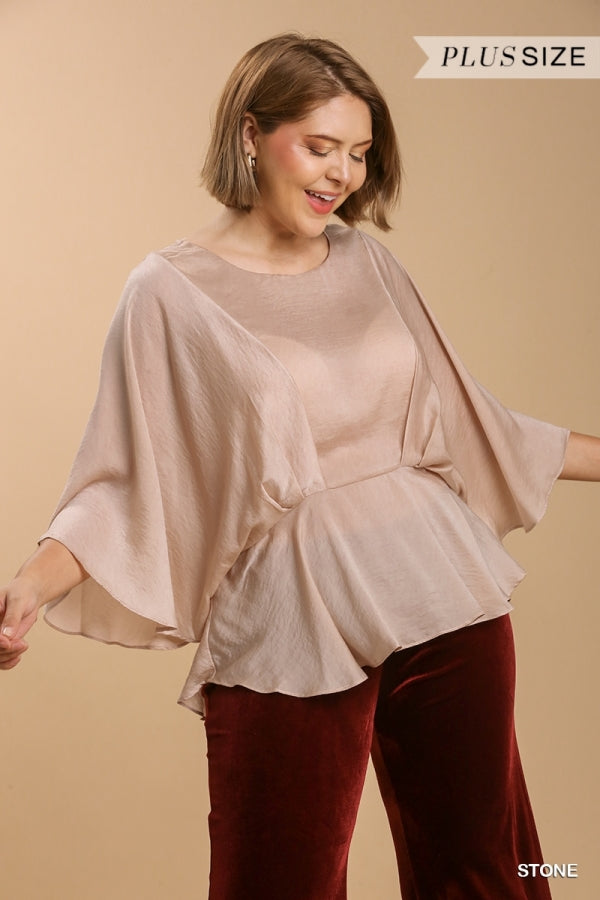 Umgee Washed Satin Pleated Round Neck Kimono Sleeve Top with Peplum Hem