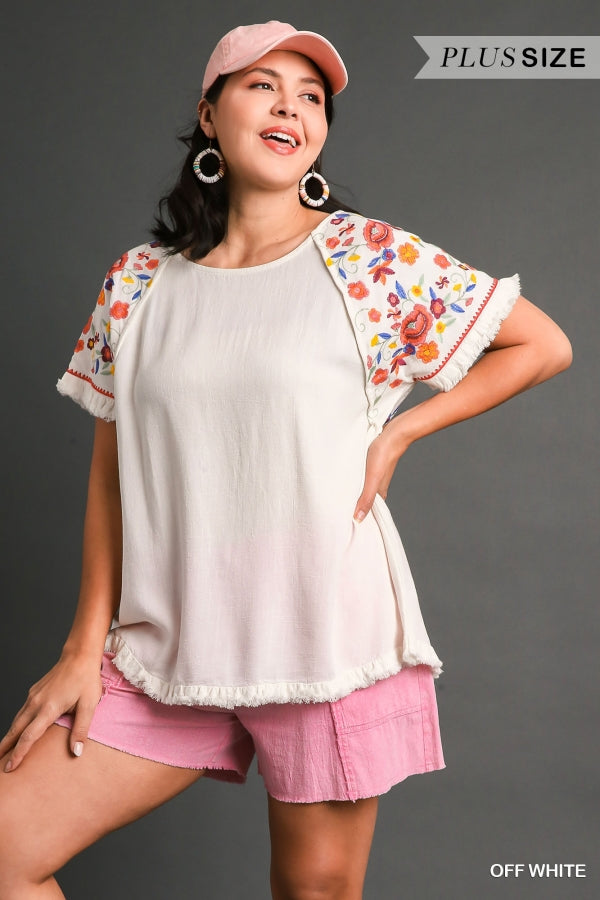 Umgee Embroidery Round Neck Short Sleeve Linen Top with Frayed Ruffle Trim, Floral Embroidered Sleeves & Seam Detail