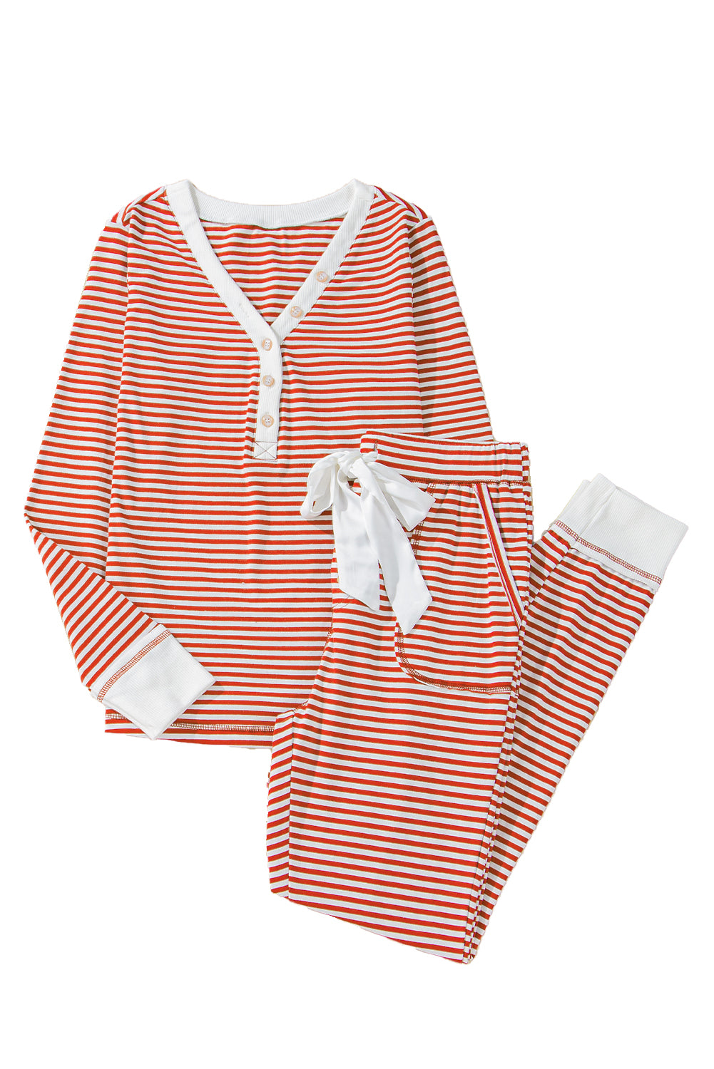 Red Stripe Buttoned V Neck Top and Knotted Waist Pants Pajama Set