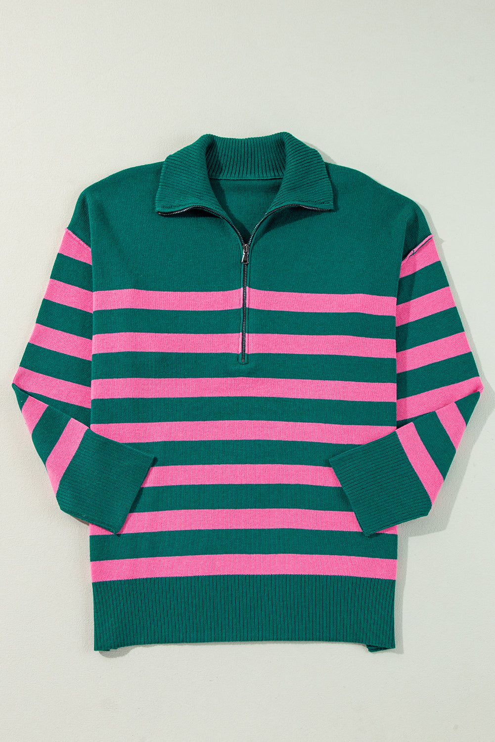 Green Striped Collared Quarter Zip Oversized Sweater