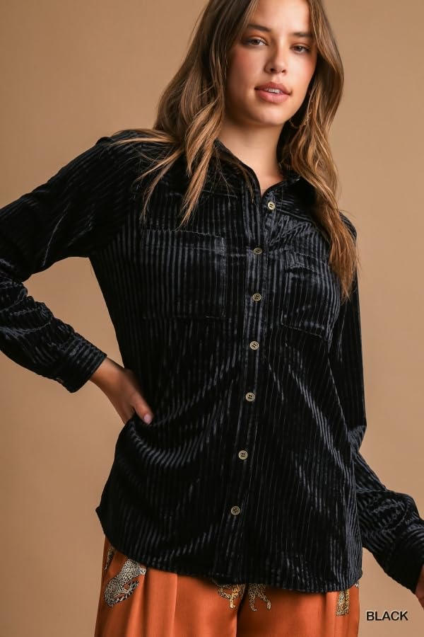 Umgee USA Stripe Textured Velvet Button Down Shirt