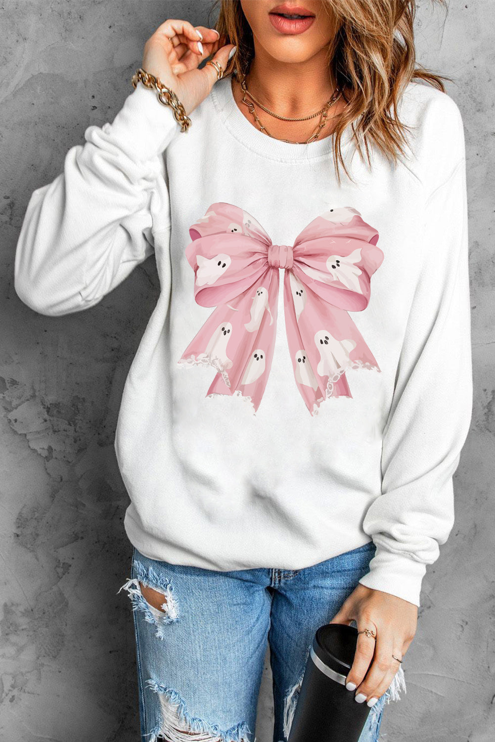 Beige Ghost Bowknot Graphic Crew Neck Drop Shoulder Sweatshirt