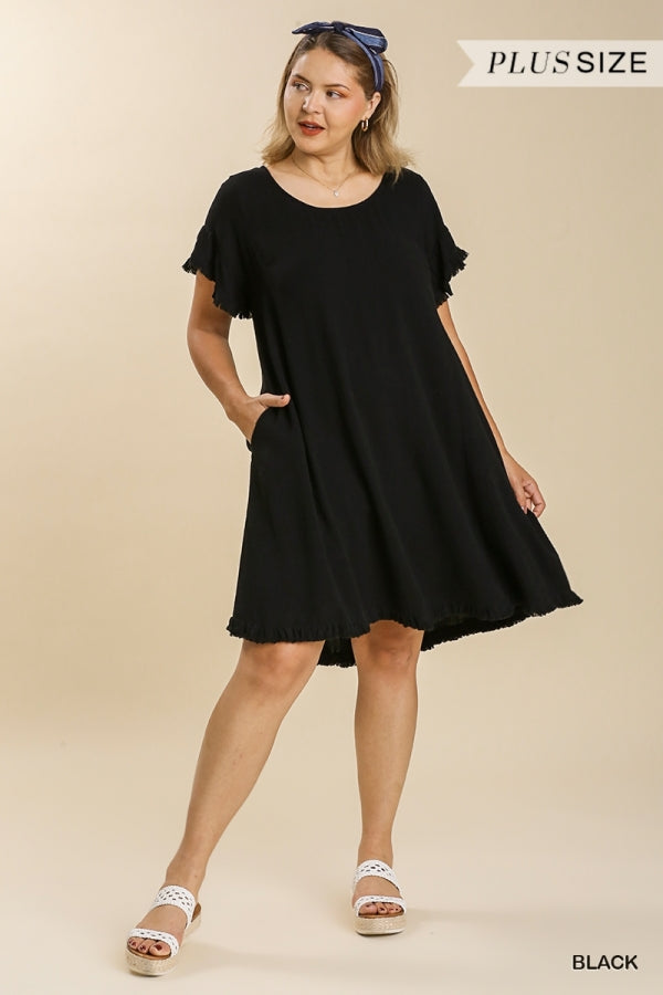 Umgee Linen Blend Short Ruffle Sleeve Round Neck Dress with Ruffle Hem