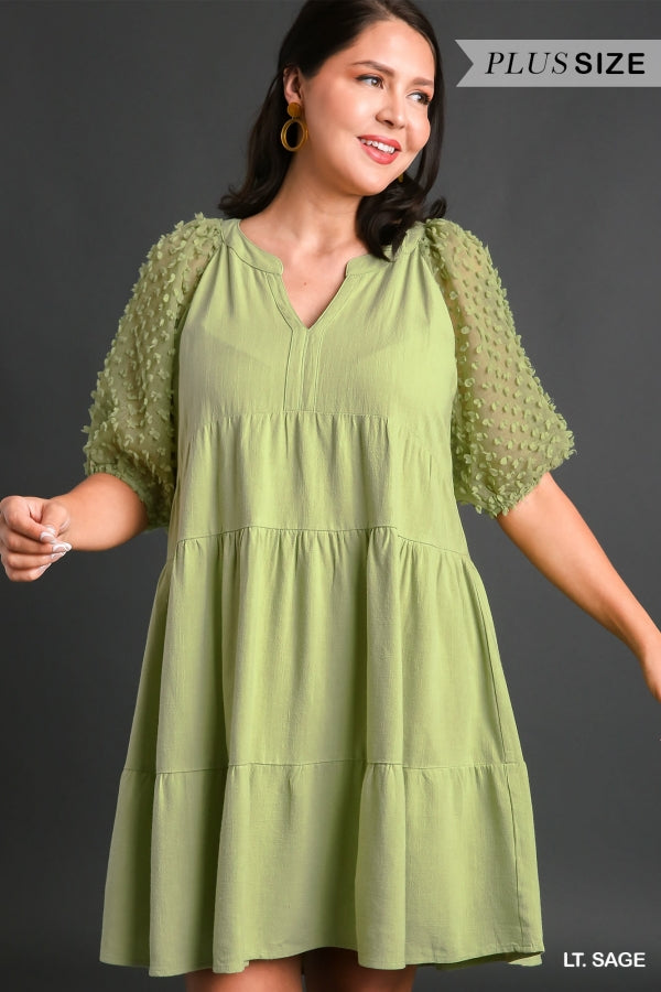 Umgee Floral Applique Detail Cuffed Puffed Sleeve Tiered Dress