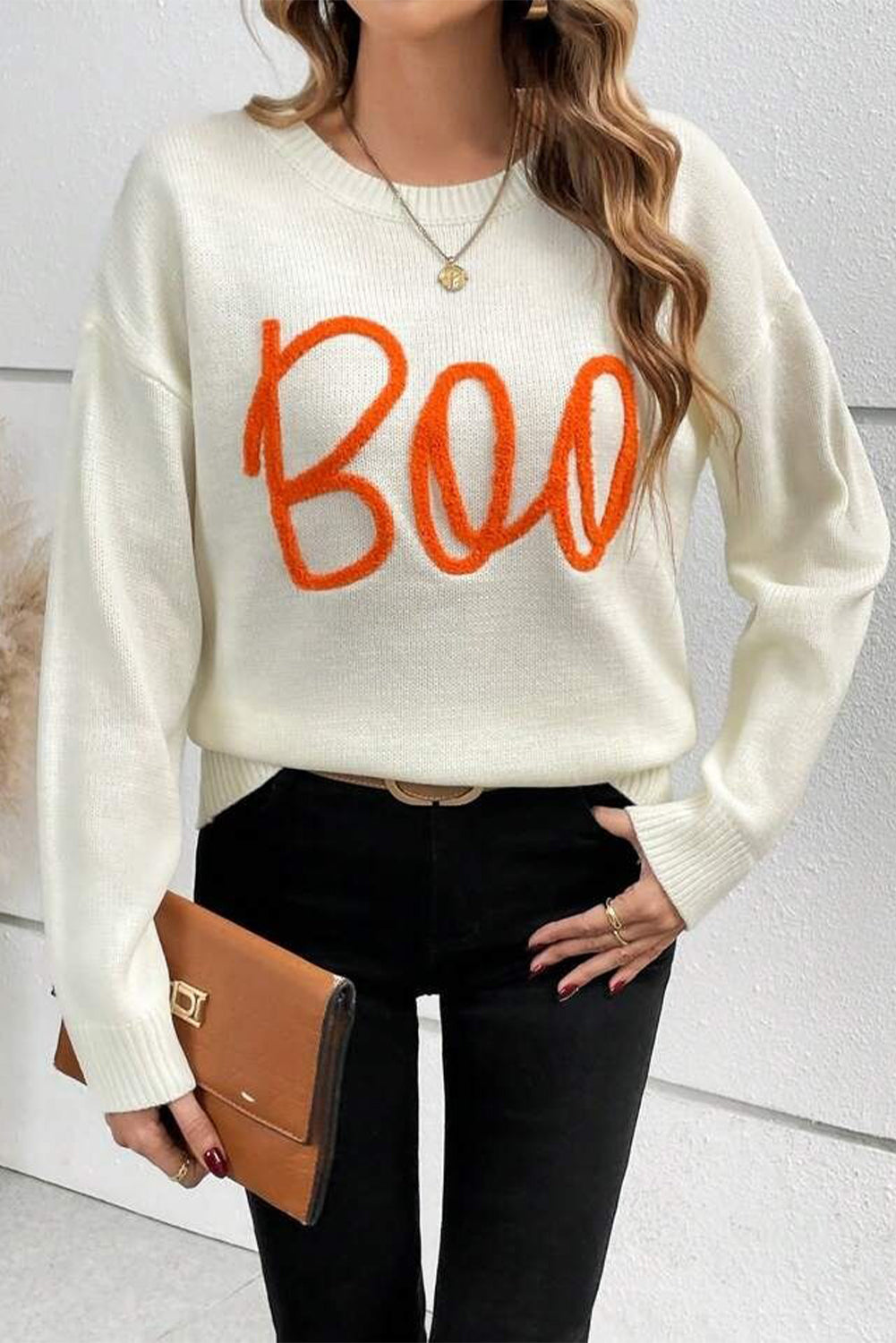 Orange Halloween Boo Drop Shoulder Knit Sweater