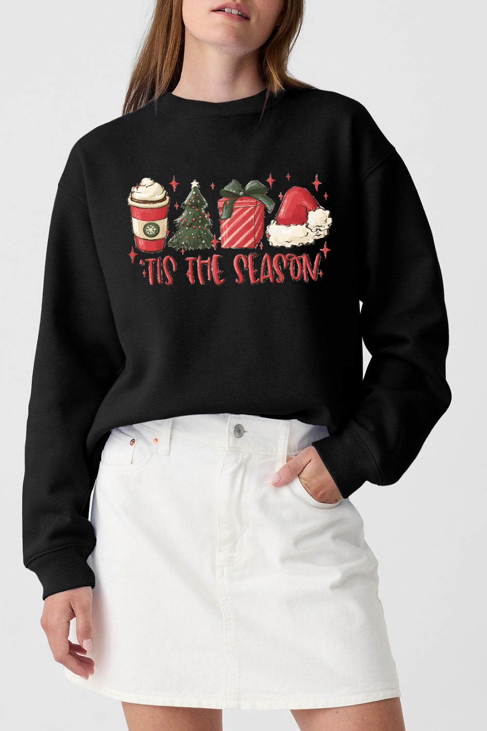 Black Christmas Season Graphic Fleece Lined Sweatshirt