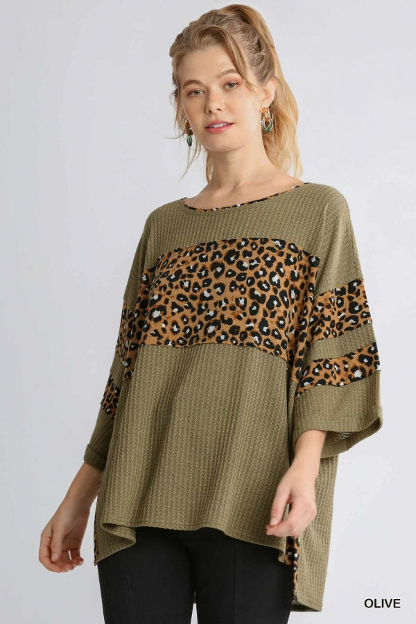 Umgee Animal Print Round Neck 3/4 Sleeve Waffle Knit Top with Side Slits and High Low Hem