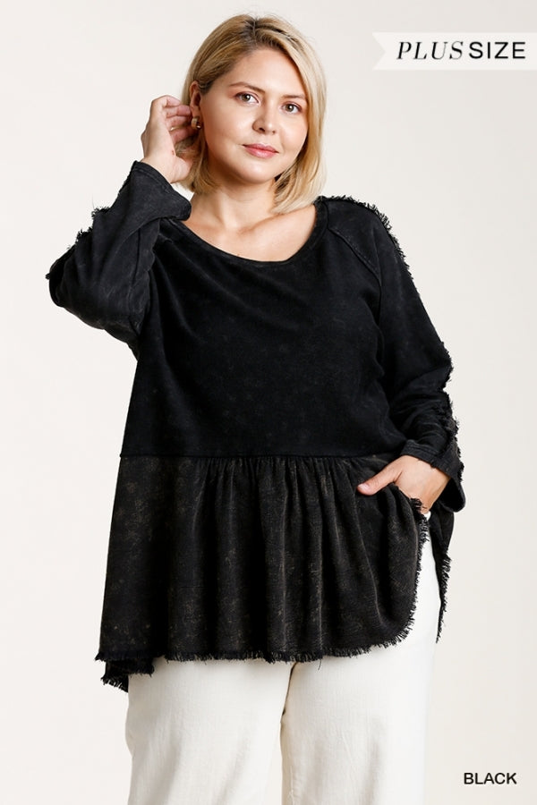 Umgee Mineral Washed French Terry Long Sleeve Raw and Frayed Edged Detail Babydoll Top with Frayed Hem