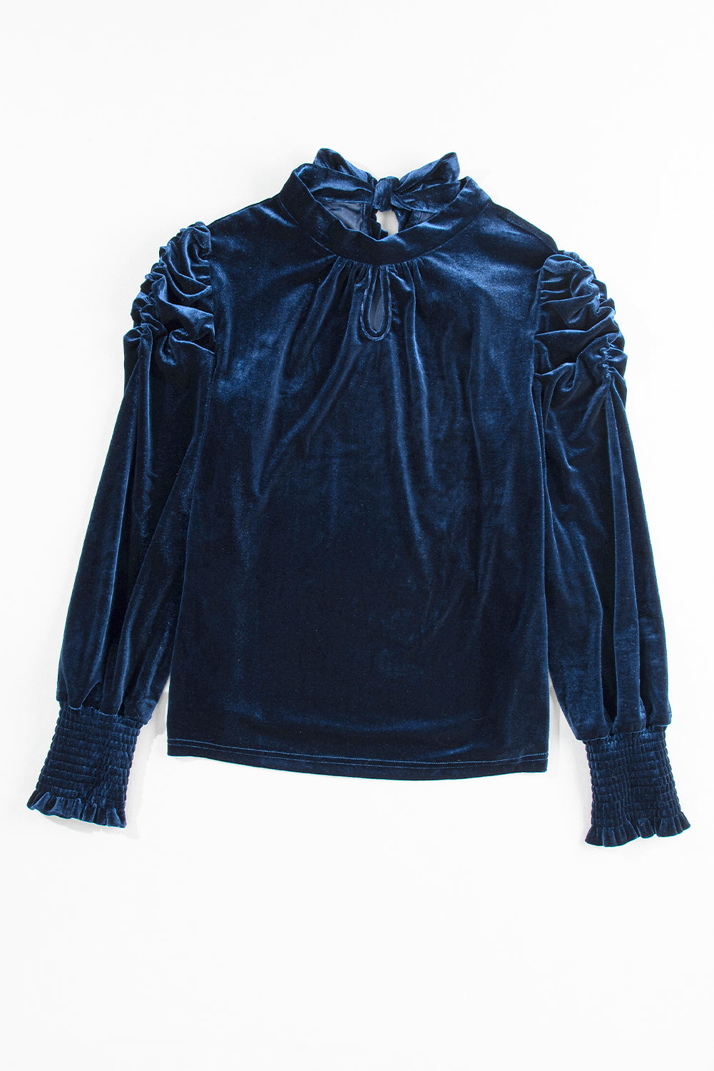 Navy Blue Mock Keyhole Neck Puff Sleeve Velvet Blouse