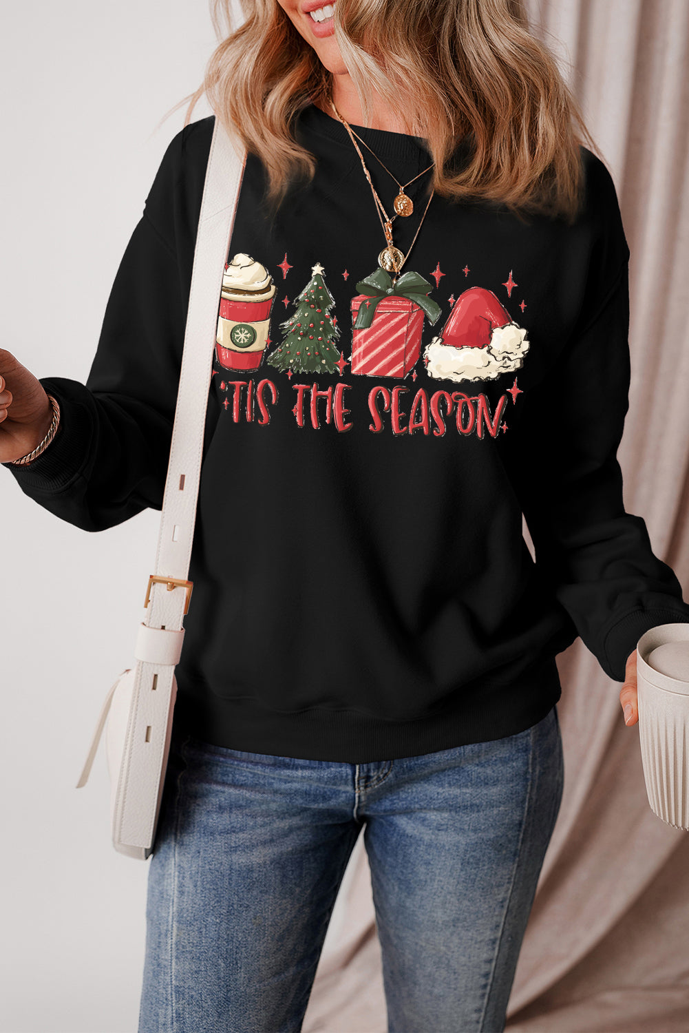 Black Christmas Season Graphic Fleece Lined Sweatshirt