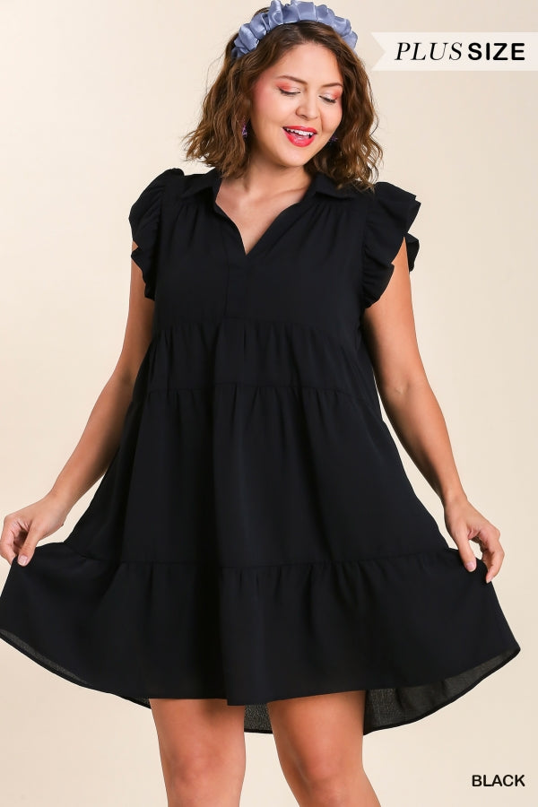 Umgee Tiered Short Dress with Flutter Sleeves & Collar No Lining