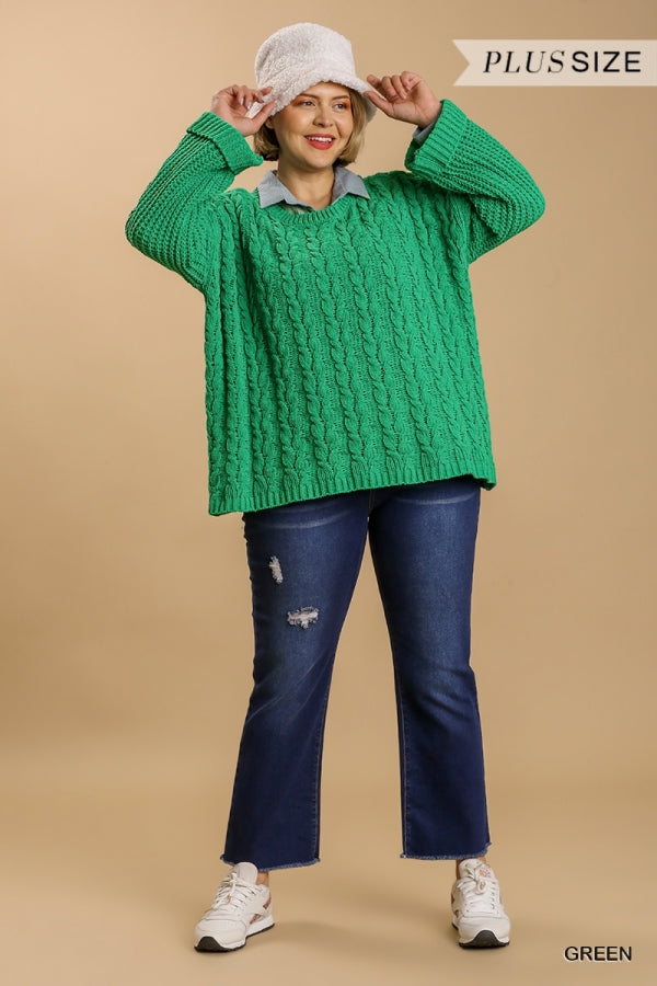 Umgee Cuffed Long Sleeve Chenille Cable Knit Pullover Sweater