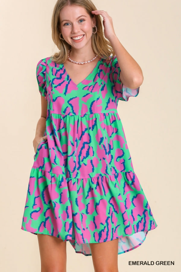 Umgee Abstract Print V-Neck Tiered Dress with Pleat Detail On Sleeves