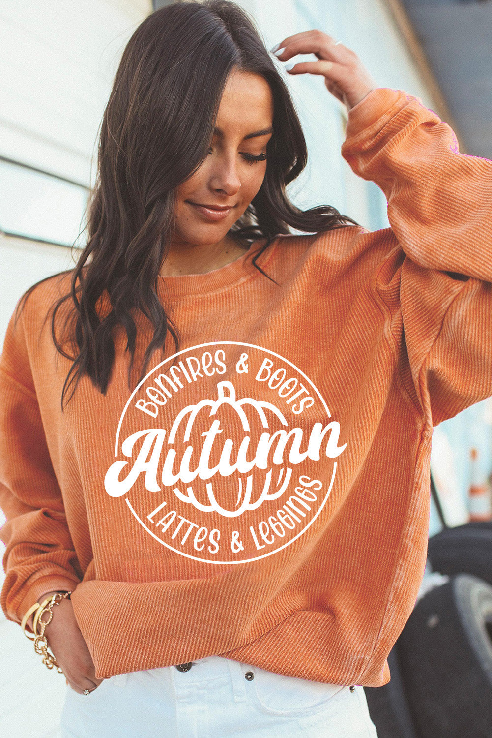 Orange Pumpkin Graphic Print Corded Oversized Sweatshirt