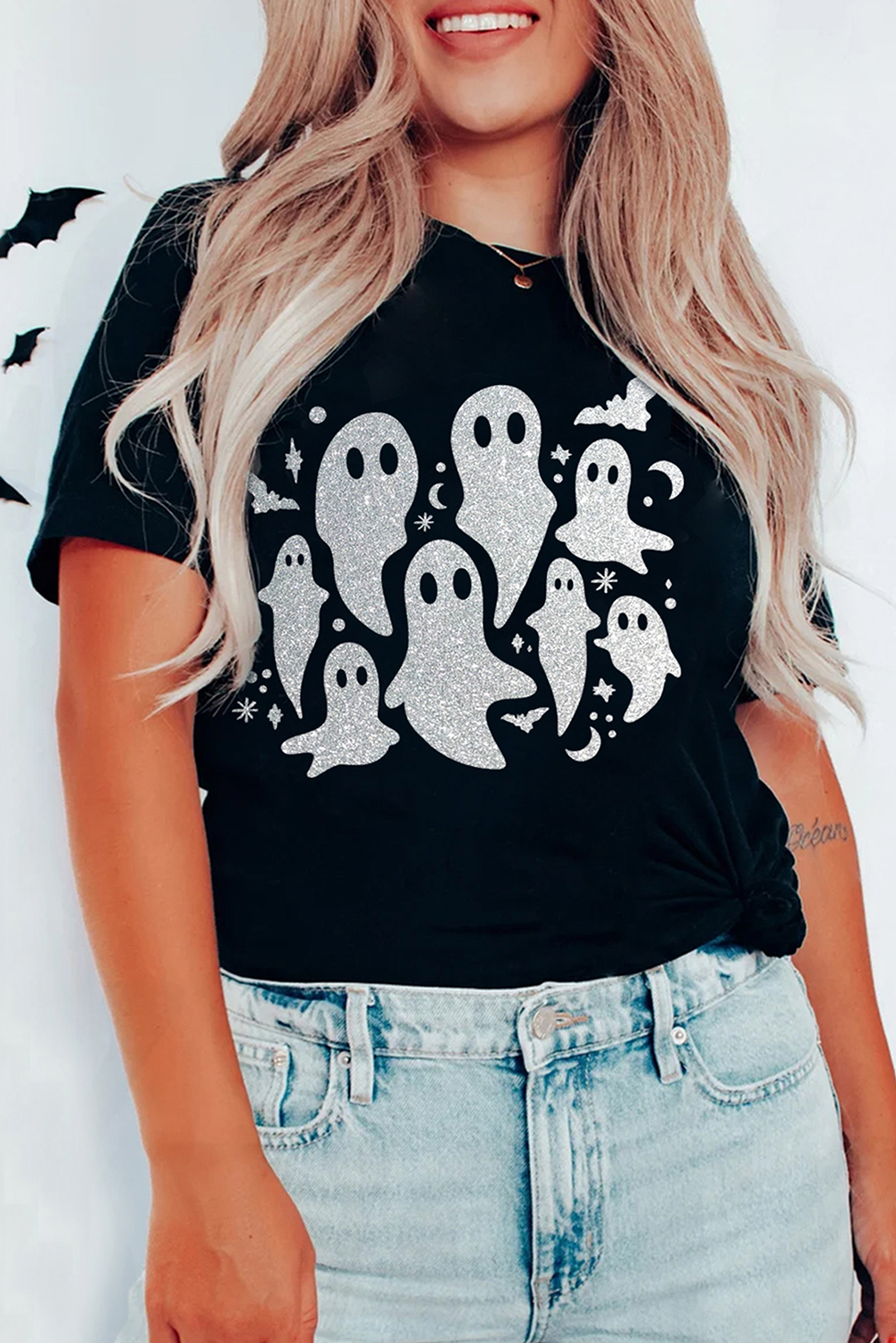 Black Halloween Glitter Ghost Pattern Graphic T Shirt