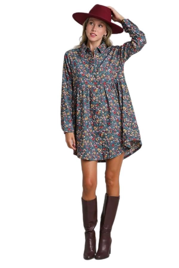 Umgee USA Floral Print Corduroy Collar Dress