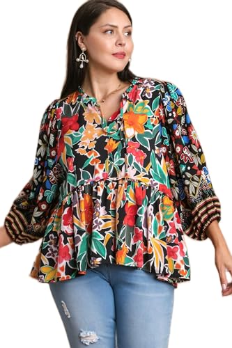 Umgee Babydoll Mix & Match Top with Floral Print Boarder Balloon Sleeve