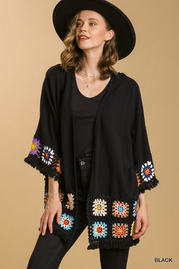 Umgee Linen Blend Open Front Color Crochet Long Sleeve Kimono