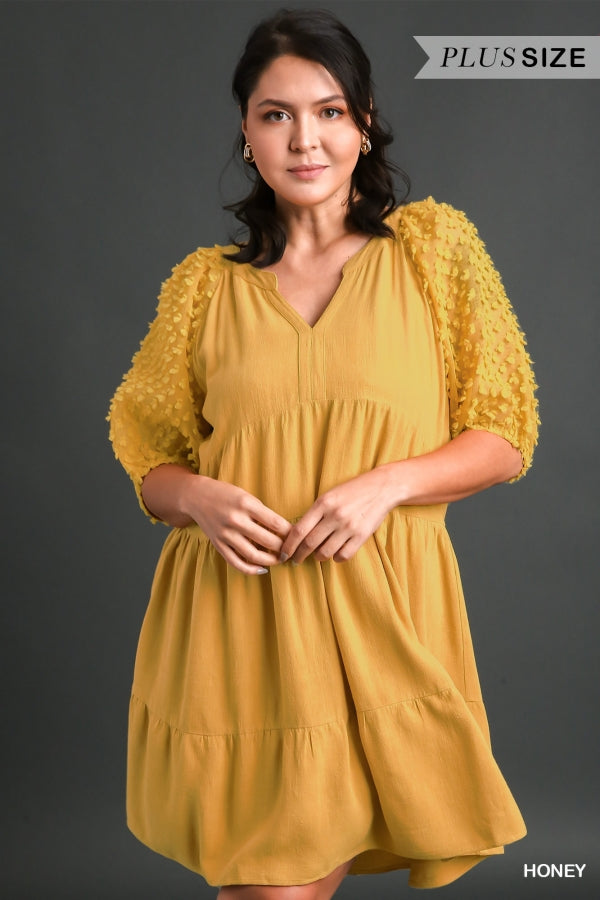 Umgee Floral Applique Detail Cuffed Puffed Sleeve Tiered Dress
