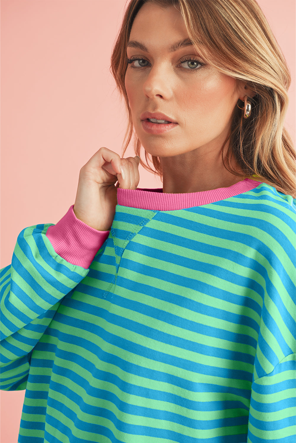 Sky Blue Stripe Contrast Edge Oversized Pullover