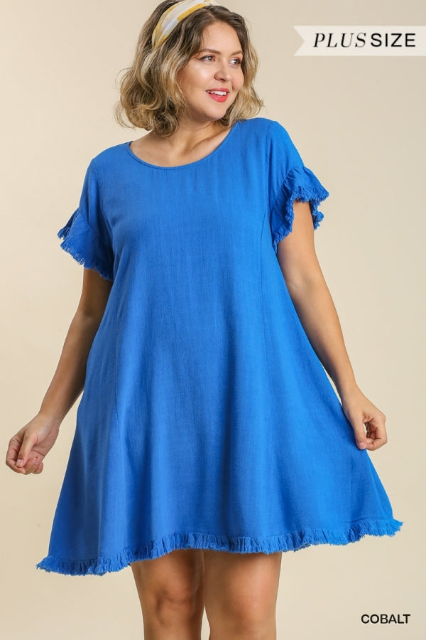 Umgee Linen Blend Short Ruffle Sleeve Round Neck Dress with Ruffle Hem