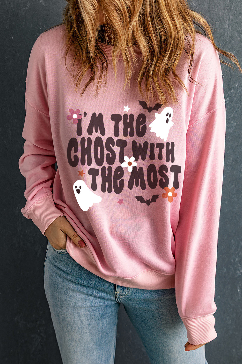 Pink Halloween Slogan Ghost Bat Graphic Drop Shoulder Sweatshirt