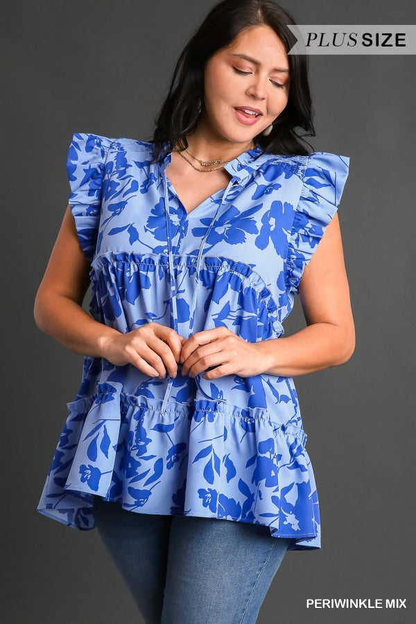 Umgee Split Neck Graphic Floral Print Top, Ruffle Trim Neckline and Smocked Shoulder Detail