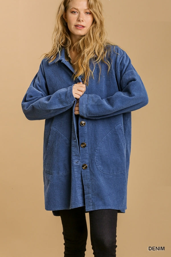 Umgee Collared Button Down Jacket with Side Pockets and Tortoise Shell Buttons