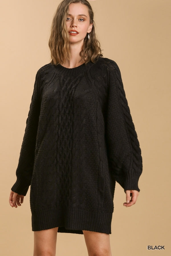 Umgee Round Neck Cable Knit Sweater Dress