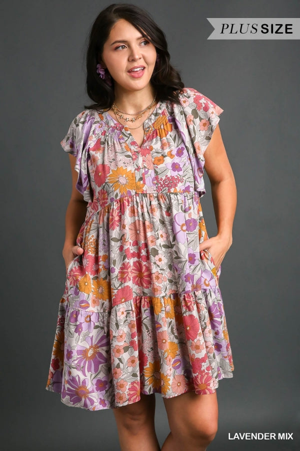 Umgee Floral Print Dress with Flutter Sleeves, Split Neckline, Back Tie, and Smocked Detail Below Neckline