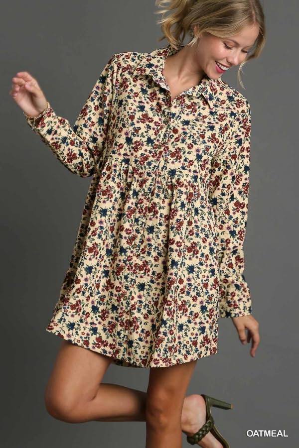 Umgee USA Floral Print Corduroy Collar Dress