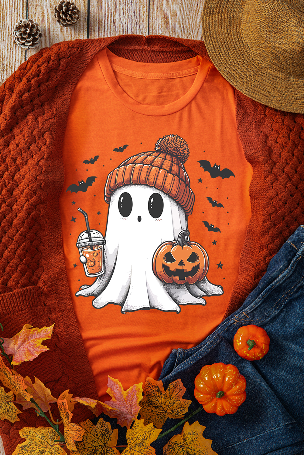 Orange Cute Ghost Pumpkin Print Halloween T Shirt