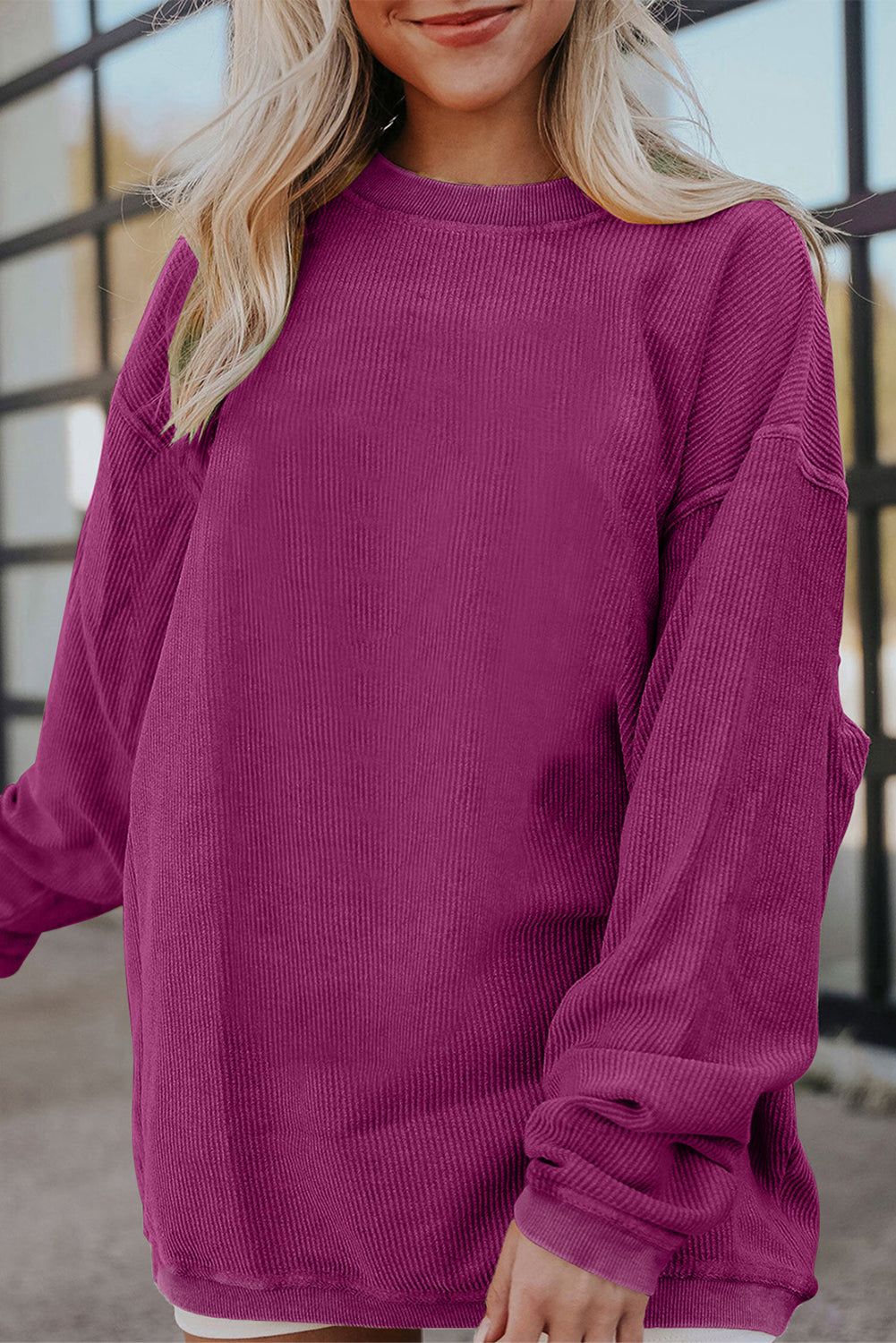 Festival Fuchsia Plain Drop Sleeve Crinkle Rib Oversized Sweatshirt