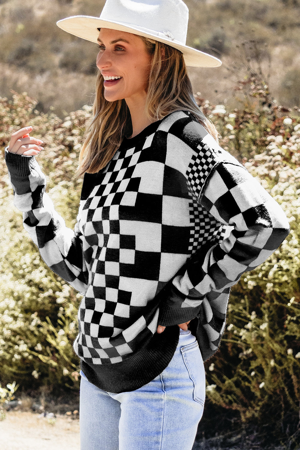 Khaki Checkered Drop Shoulder Round Neck Sweater