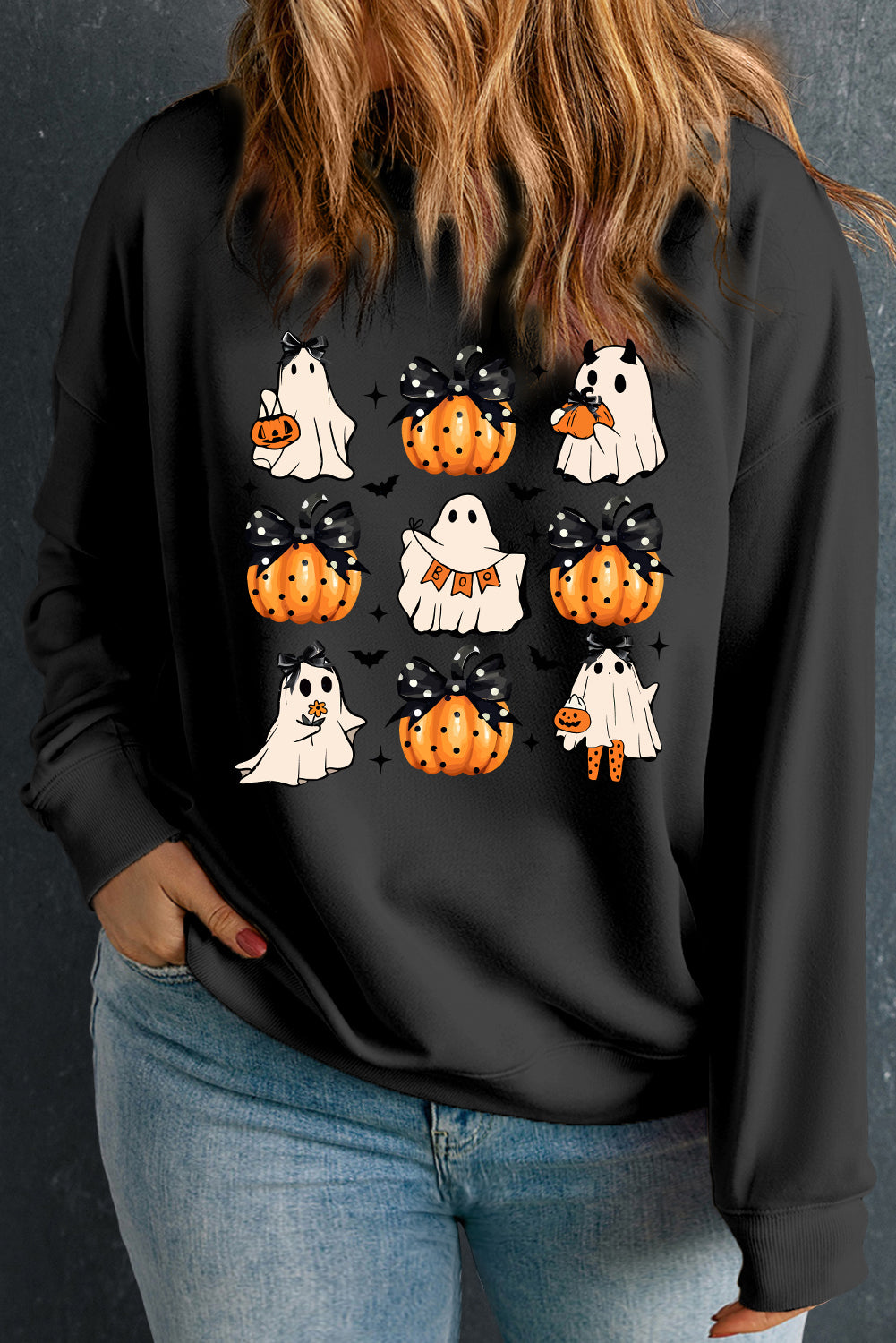 Black Halloween Polka Dot Ghost Pumpkin Print Plus Sweatshirt