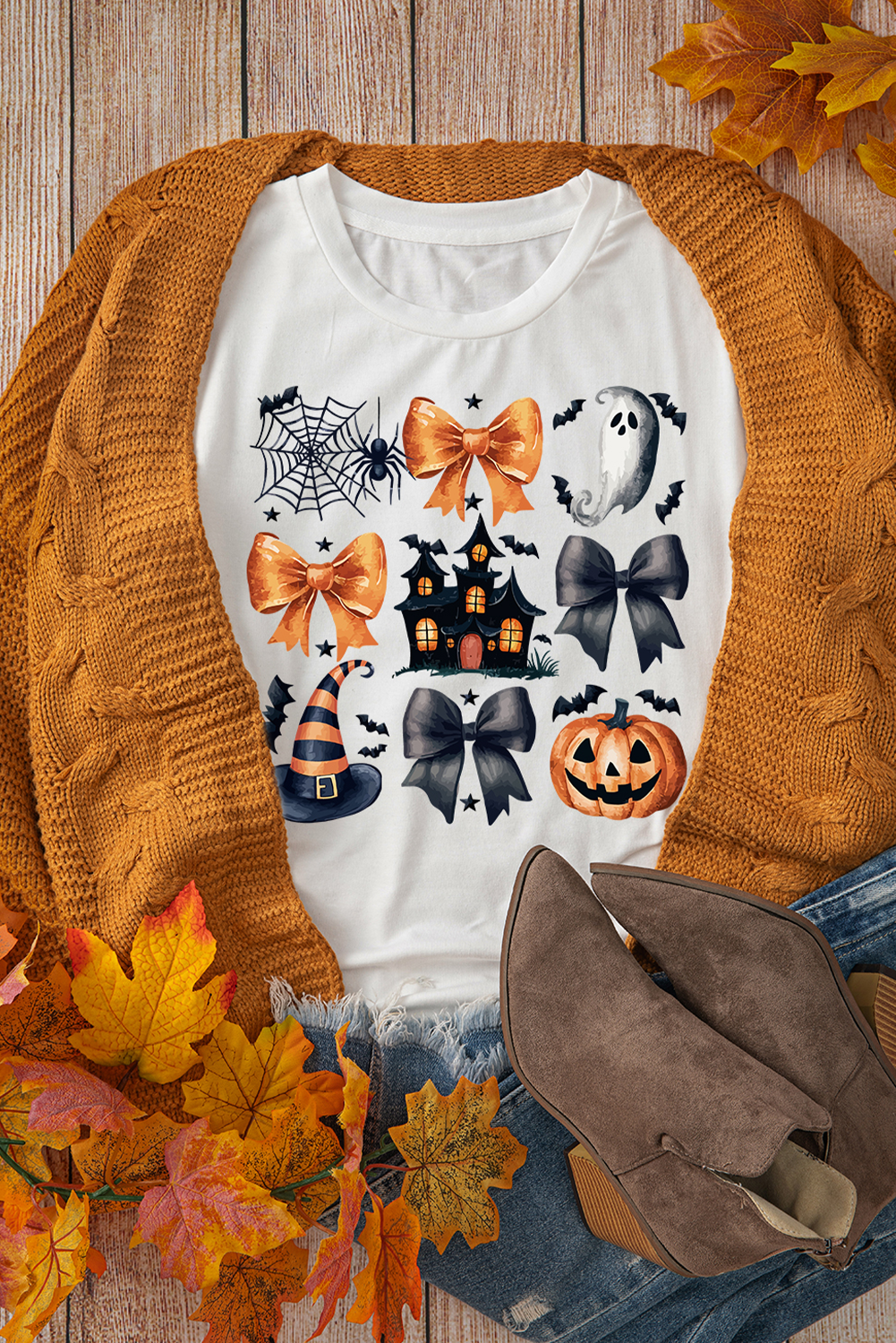 White Halloween Pattern Print Crew Neck T Shirt