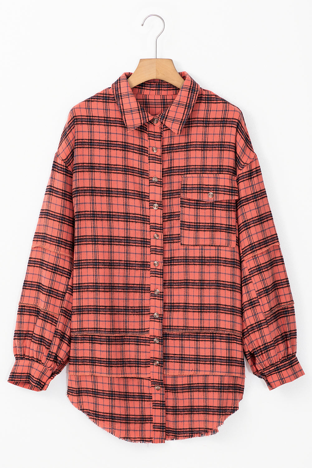 Red Plaid Long Sleeve Distressed Hem Shirt