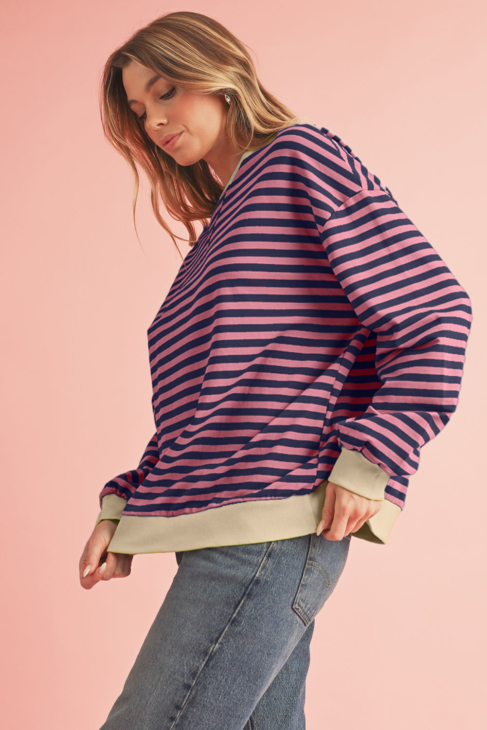 Sky Blue Stripe Contrast Edge Oversized Pullover