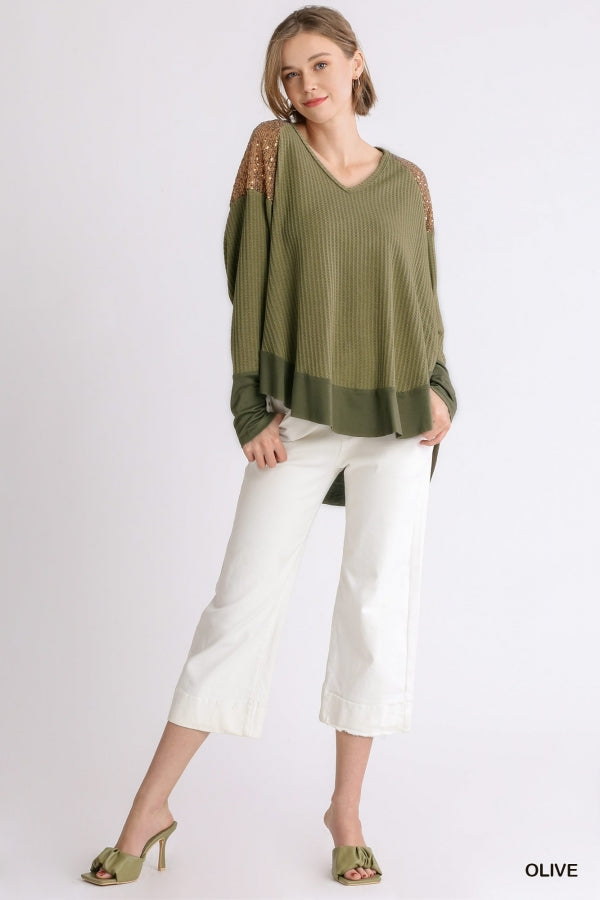 Umgee Dolman Long Sleeve Waffle Knit Top with Sequin Shoulder Detail and High Low Hem