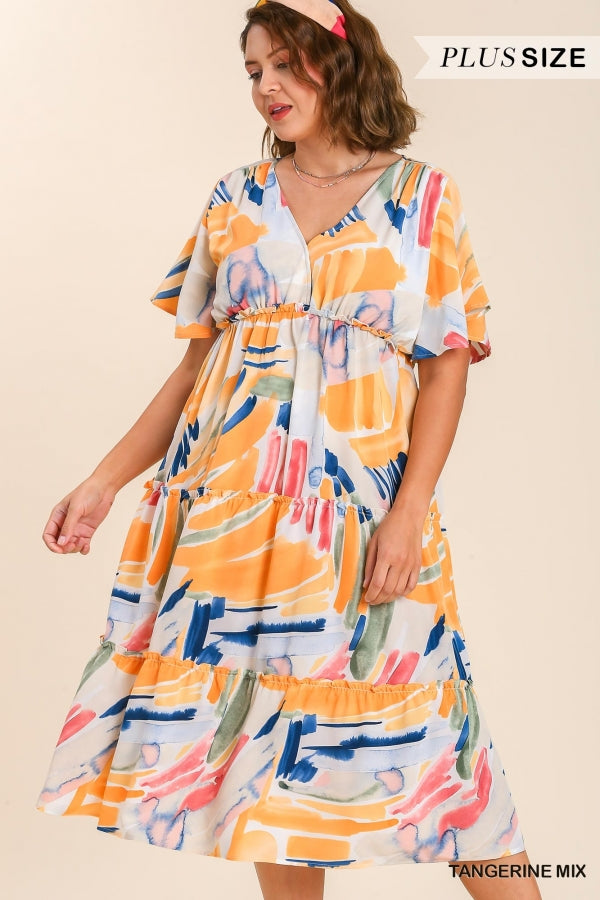 Umgee Abstract Ruffle Sleeve Midi Tiered Dress No Lining